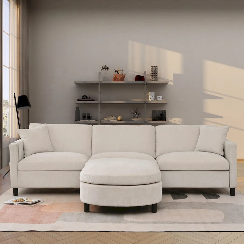 Canapé 4 places beige 107,87 avec pouf mobile et rangement