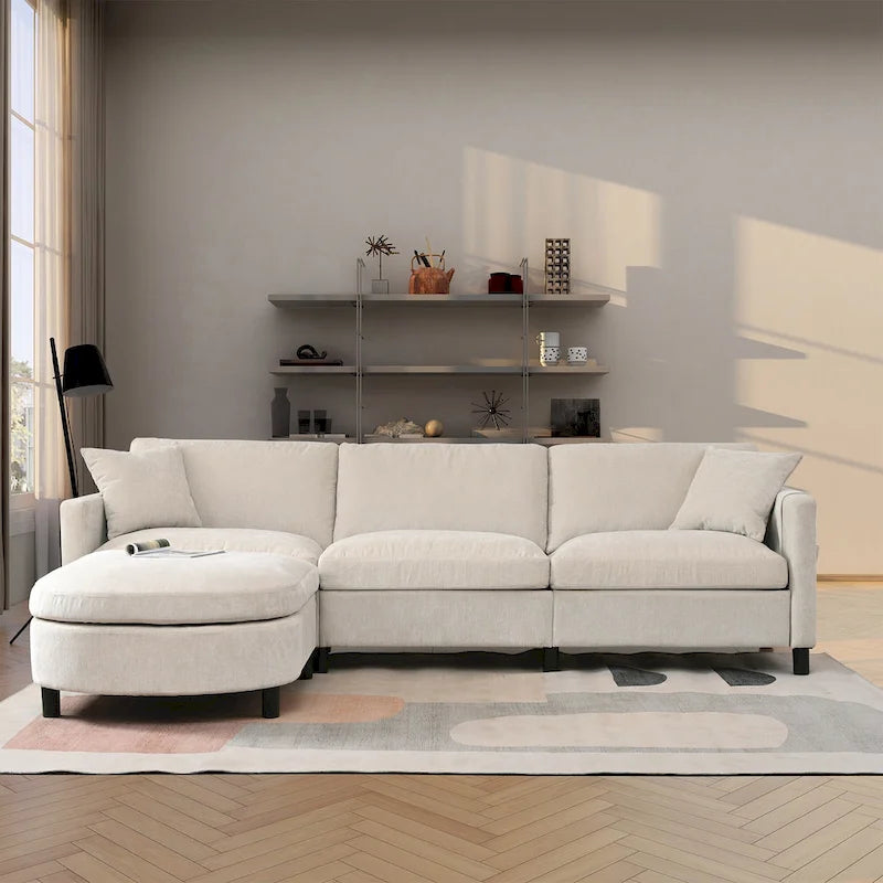 Canapé 4 places beige 107,87 avec pouf mobile et rangement