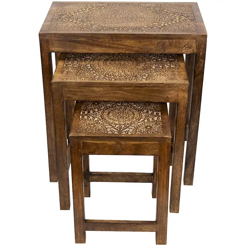 Set of 3 Walnut Brown Stackable Mandala Nesting Tables 24