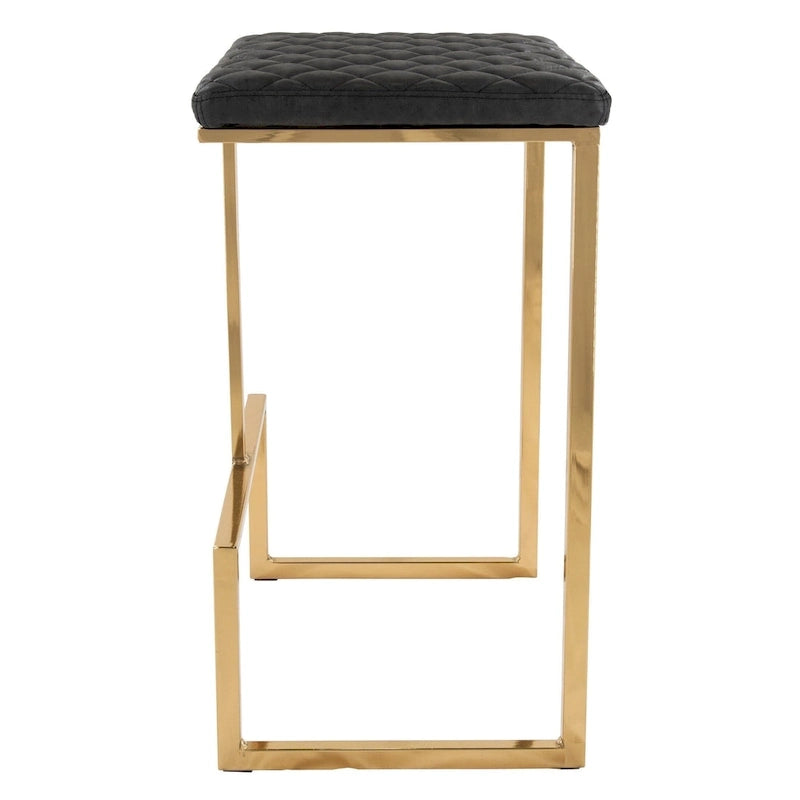 Tabourets de bar modernes en cuir avec cadres en métal doré, assises carrées rembourrées avec repose-pieds, adaptés aux espaces bar de la maison et de la cuisine.