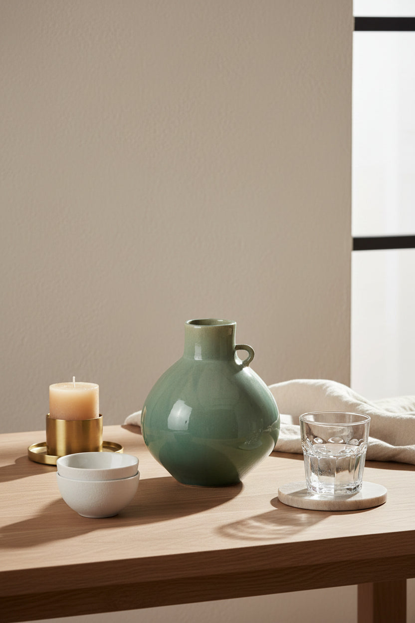 Bouteille en céramique vintage avec finition bleu-vert émaillée à la main pour étagères et entrée