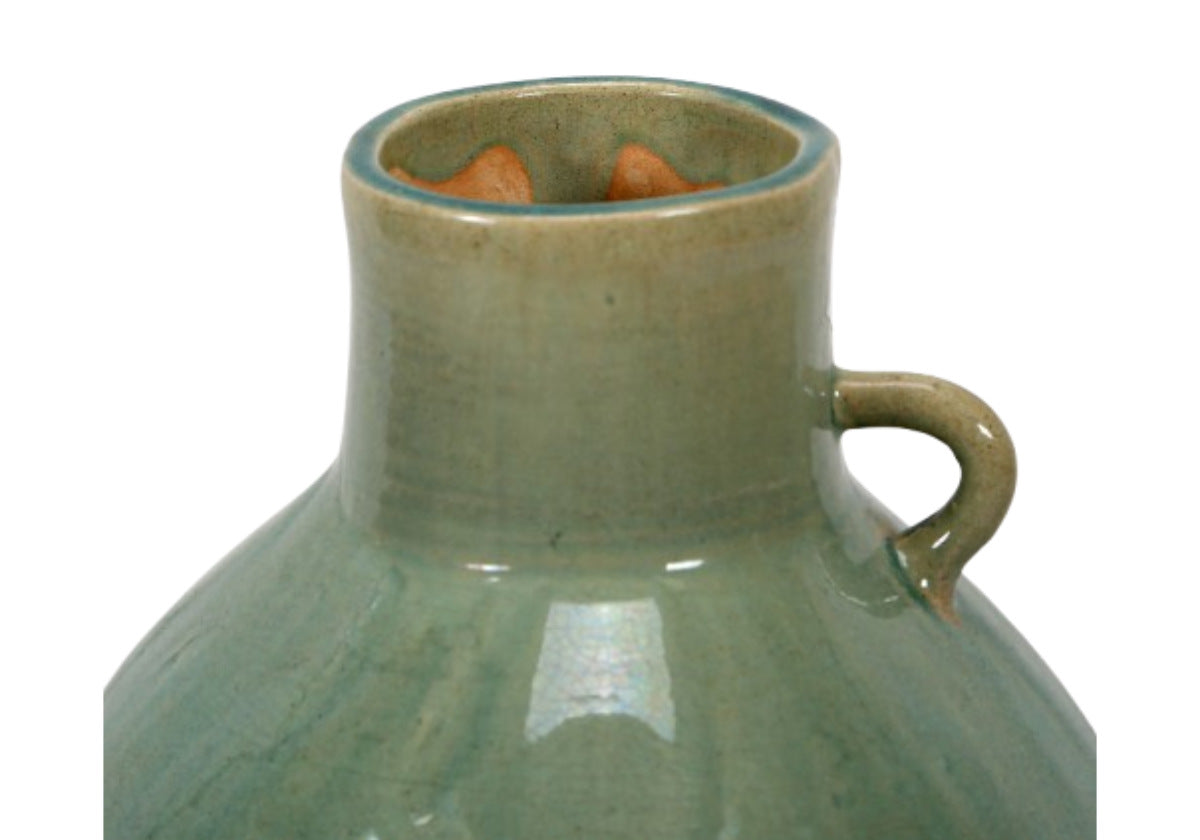 Bouteille en céramique vintage avec finition bleu-vert émaillée à la main pour étagères et entrée