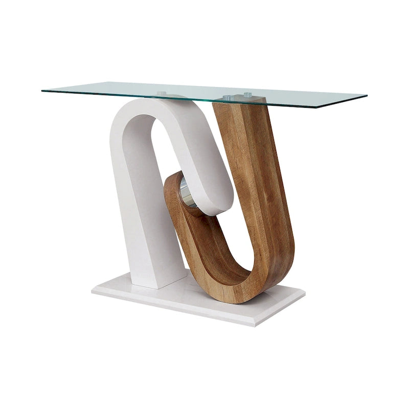 Table basse de canapé avec plateau en verre de 120 cm et base géométrique blanche et naturelle par