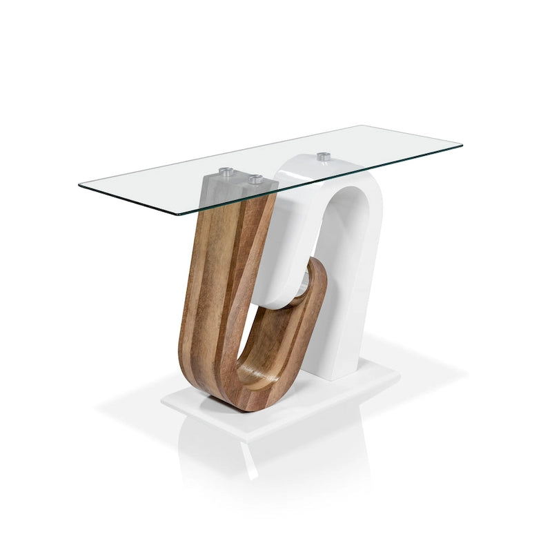 Table basse de canapé avec plateau en verre de 120 cm et base géométrique blanche et naturelle par