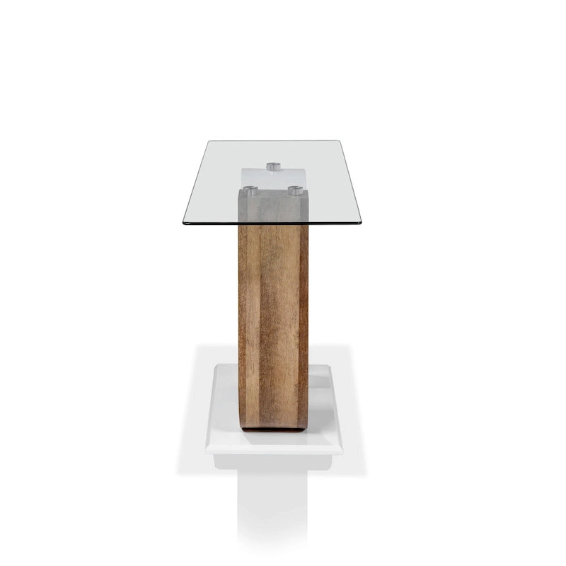 Table basse de canapé avec plateau en verre de 120 cm et base géométrique blanche et naturelle par