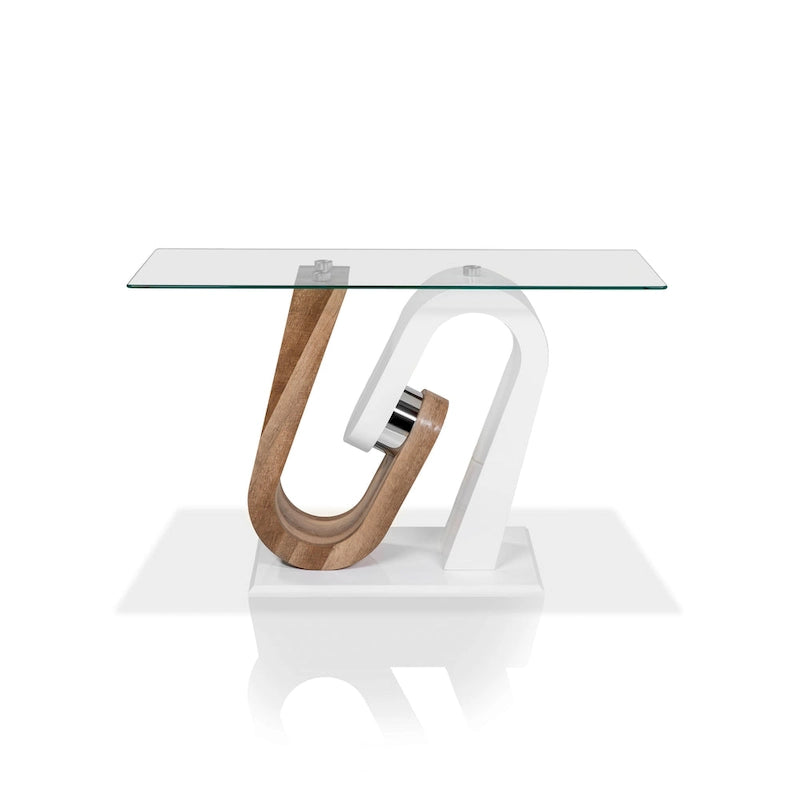 Table basse de canapé avec plateau en verre de 120 cm et base géométrique blanche et naturelle par