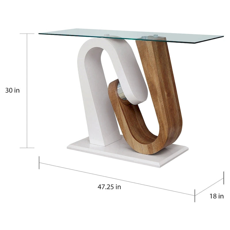 Table basse de canapé avec plateau en verre de 120 cm et base géométrique blanche et naturelle par