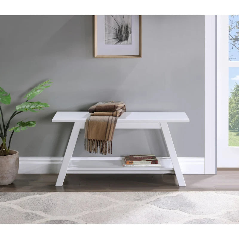 Banc en bois massif avec étagère, blanc
