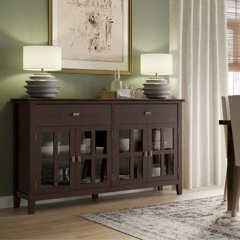 Grand bahut buffet transitionnel en bois massif de 60 po de large à 4 portes - 17p x 60l x 34h