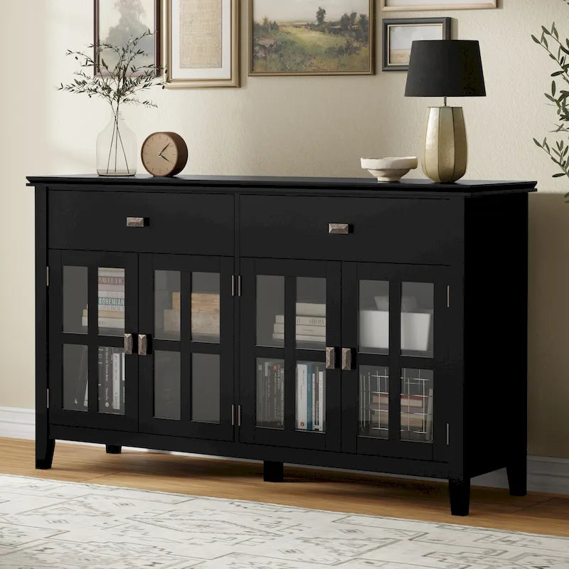 Grand bahut buffet transitionnel en bois massif de 60 po de large à 4 portes - 17p x 60l x 34h