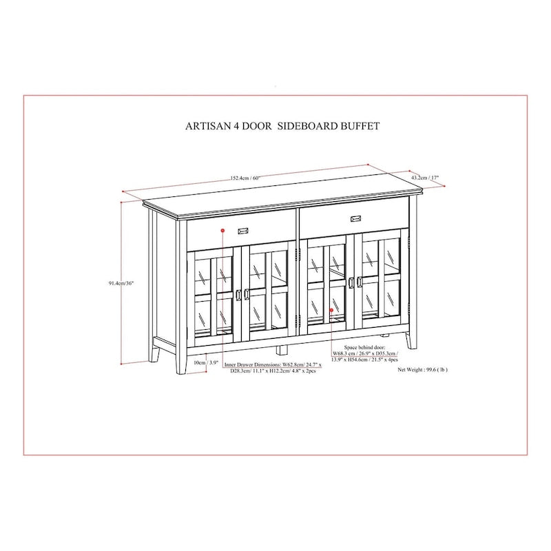 Grand bahut buffet transitionnel en bois massif de 60 po de large à 4 portes - 17p x 60l x 34h