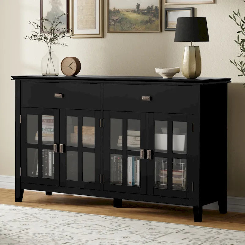 Grand bahut buffet transitionnel en bois massif de 60 po de large à 4 portes - 17p x 60l x 34h