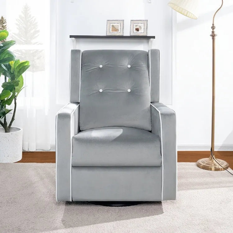 Fauteuil inclinable, pivotant et berçant en bois massif avec revêtement en microfibre, pour salon, chambre à coucher
