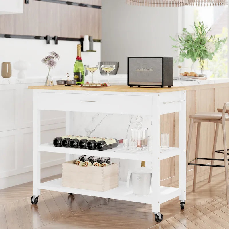 Desserte Îlot de Cuisine Roulant avec Grand Plan de Travail, Porte-Serviettes, Tiroirs et Étagères Ouvertes - N/A