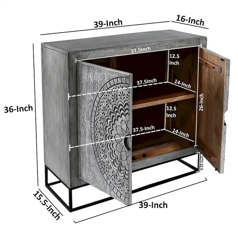Meuble d'appoint 39 pouces fait main à 2 portes, médaillon gravé, bois de manguier gris sablé, piètement en fer noir