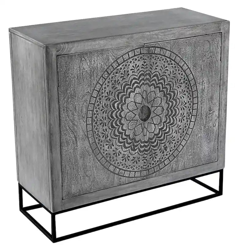 Meuble d'appoint 39 pouces fait main à 2 portes, médaillon gravé, bois de manguier gris sablé, piètement en fer noir