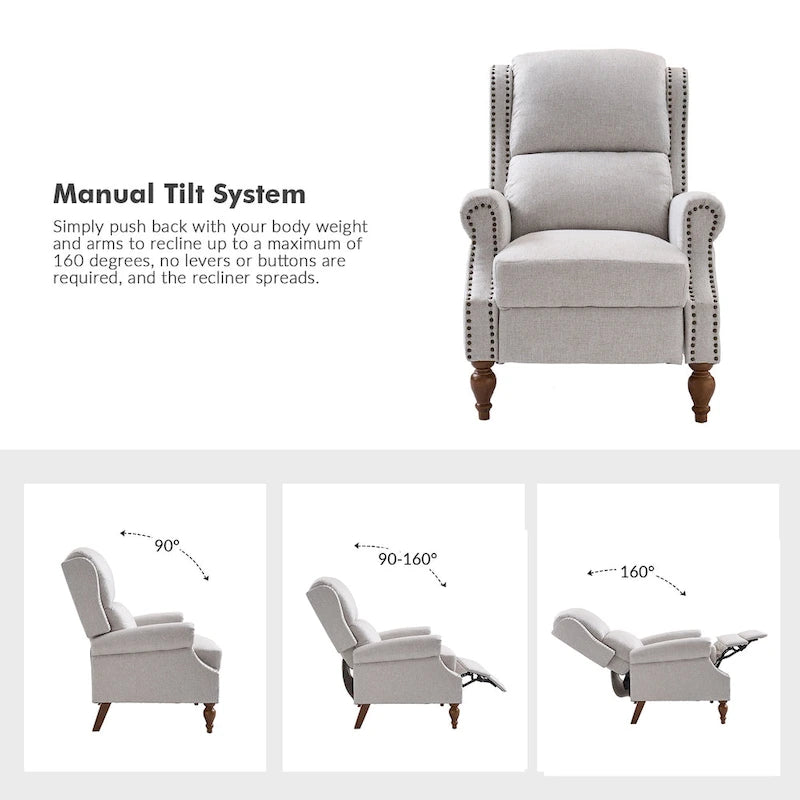 Fauteuil inclinable manuel traditionnel à accoudoirs arrondis avec pieds en bois massif, par