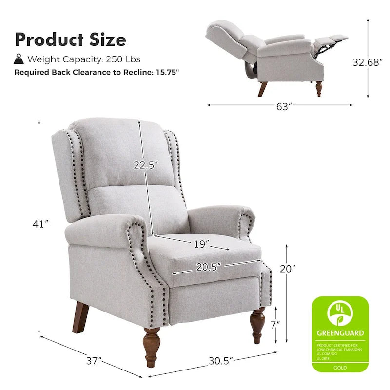 Fauteuil inclinable manuel traditionnel à accoudoirs arrondis avec pieds en bois massif, par