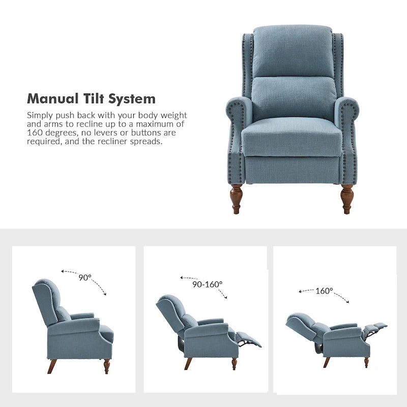 Fauteuil inclinable manuel traditionnel à accoudoirs arrondis avec pieds en bois massif, par