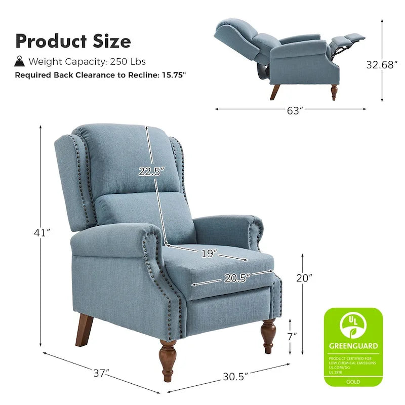 Fauteuil inclinable manuel traditionnel à accoudoirs arrondis avec pieds en bois massif, par