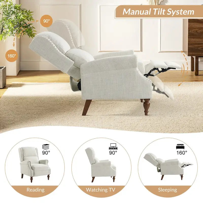 Fauteuil inclinable manuel traditionnel à accoudoirs arrondis avec pieds en bois massif, par