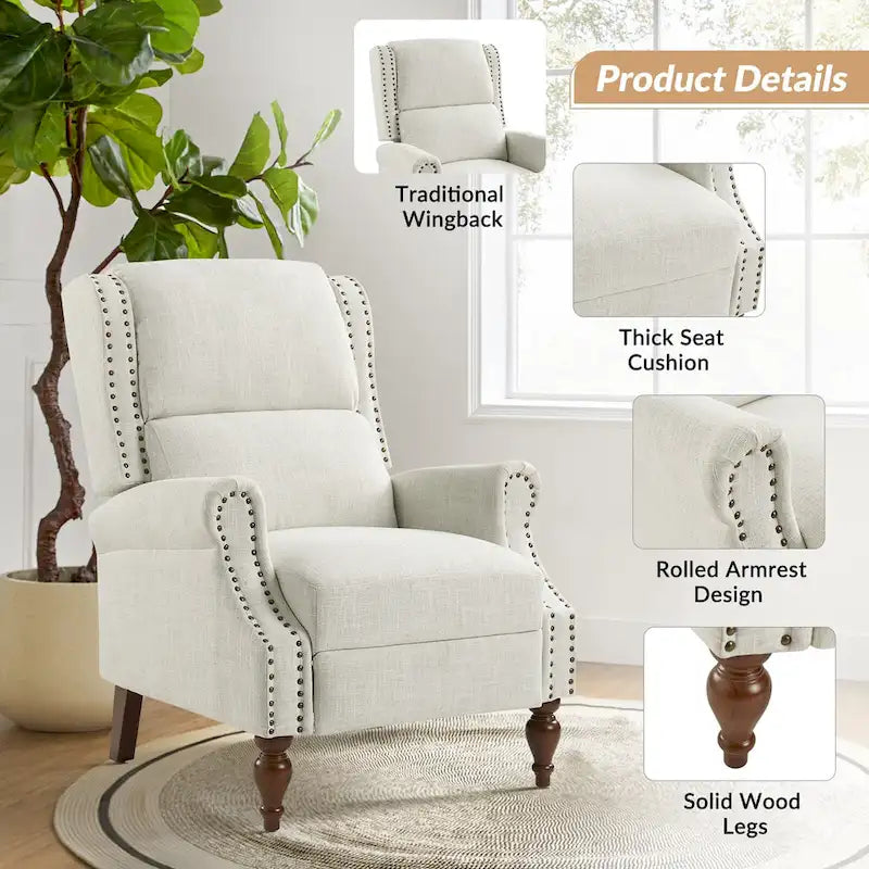 Fauteuil inclinable manuel traditionnel à accoudoirs arrondis avec pieds en bois massif, par