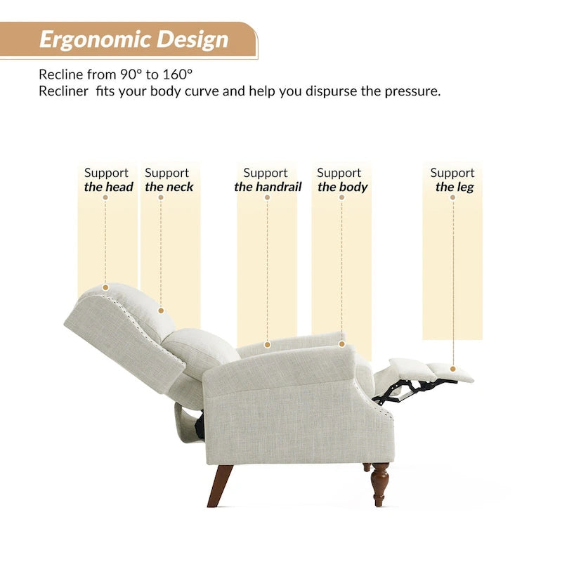 Fauteuil inclinable manuel traditionnel à accoudoirs arrondis avec pieds en bois massif, par