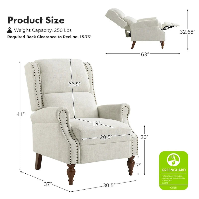 Fauteuil inclinable manuel traditionnel à accoudoirs arrondis avec pieds en bois massif, par