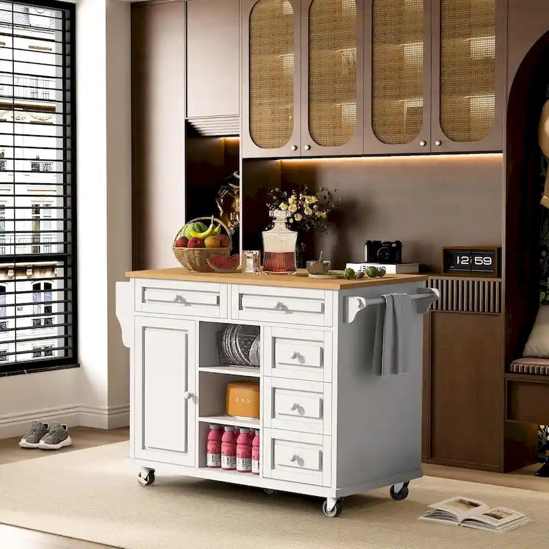 Desserte de cuisine avec plateau en bois d'hévéa – Îlot de cuisine mobile roulant avec rangement et 5 tiroirs, longueur 135 cm