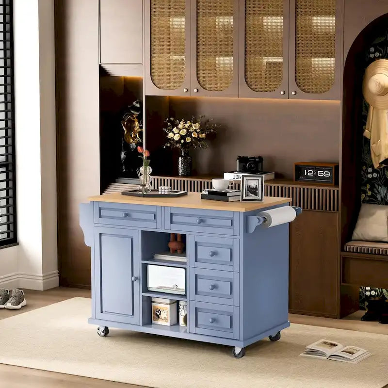 Desserte de cuisine avec plateau en bois d'hévéa – Îlot de cuisine mobile roulant avec rangement et 5 tiroirs, longueur 135 cm