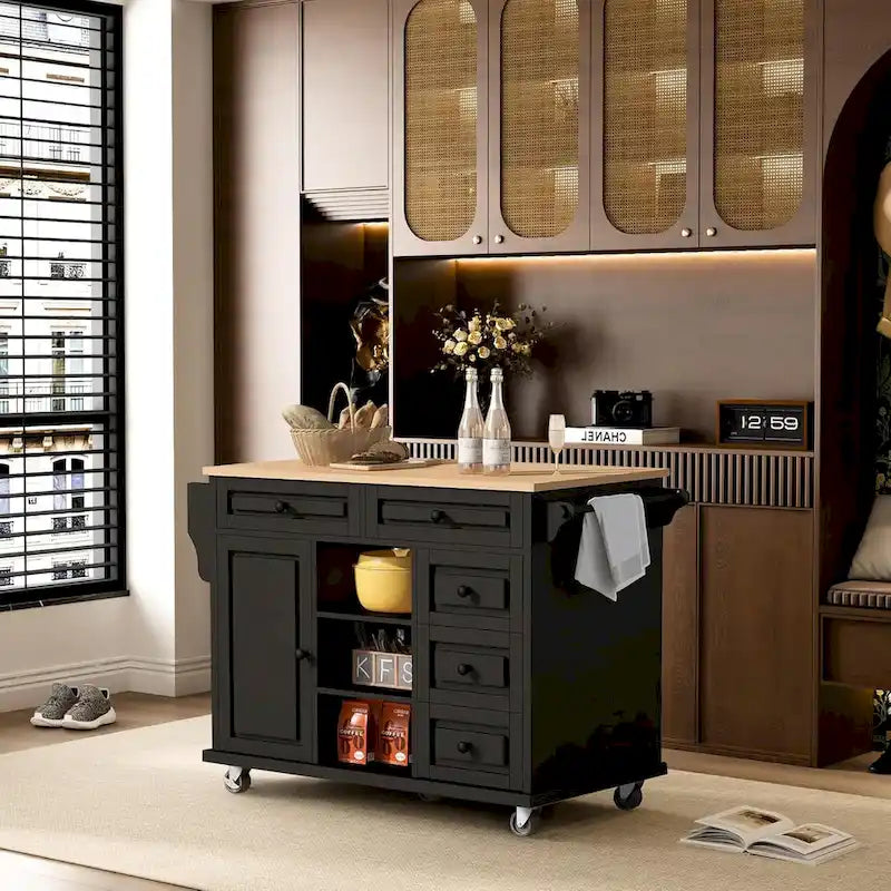 Desserte de cuisine avec plateau en bois d'hévéa – Îlot de cuisine mobile roulant avec rangement et 5 tiroirs, longueur 135 cm