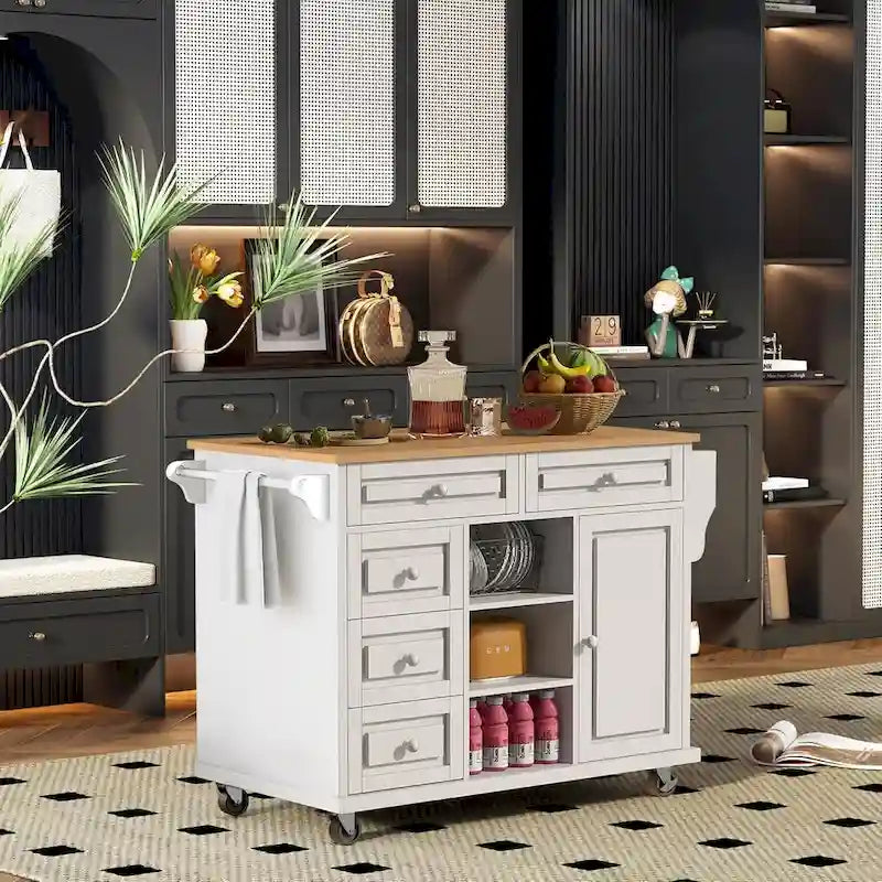 Desserte de cuisine avec plateau en bois d'hévéa – Îlot de cuisine mobile roulant avec rangement et 5 tiroirs, longueur 135 cm