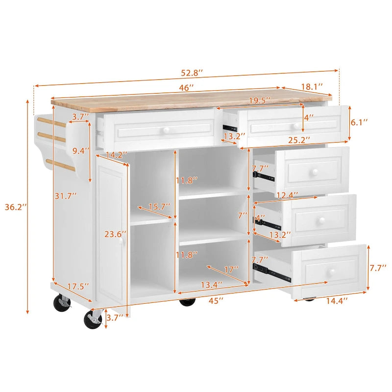 Desserte de cuisine avec plateau en bois d'hévéa – Îlot de cuisine mobile roulant avec rangement et 5 tiroirs, longueur 135 cm