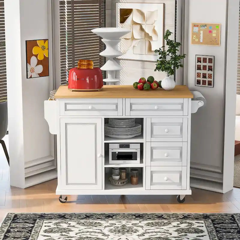 Desserte de cuisine avec plateau en bois d'hévéa – Îlot de cuisine mobile roulant avec rangement et 5 tiroirs, longueur 135 cm