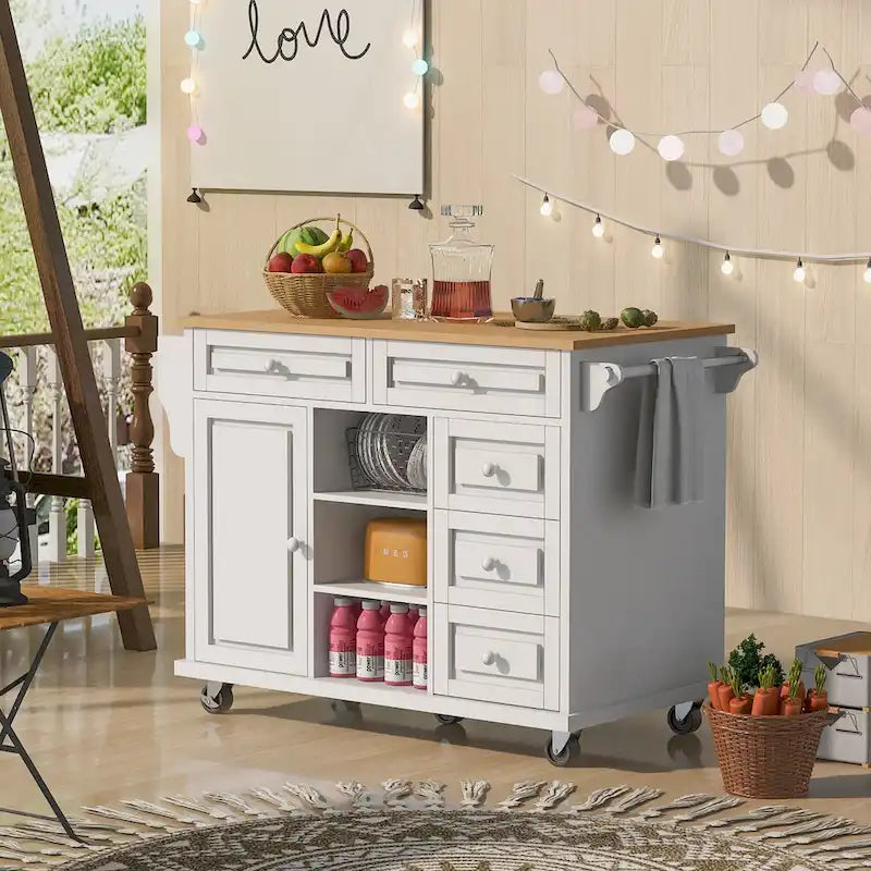 Desserte de cuisine avec plateau en bois d'hévéa – Îlot de cuisine mobile roulant avec rangement et 5 tiroirs, longueur 135 cm