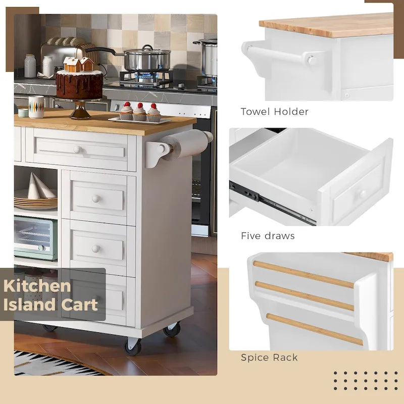 Desserte de cuisine avec plateau en bois d'hévéa – Îlot de cuisine mobile roulant avec rangement et 5 tiroirs, longueur 135 cm