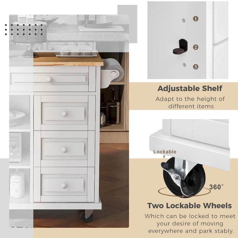 Desserte de cuisine avec plateau en bois d'hévéa – Îlot de cuisine mobile roulant avec rangement et 5 tiroirs, longueur 135 cm