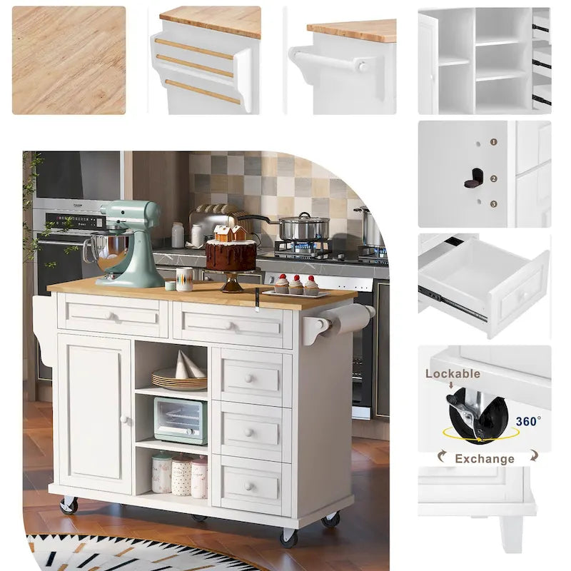Desserte de cuisine avec plateau en bois d'hévéa – Îlot de cuisine mobile roulant avec rangement et 5 tiroirs, longueur 135 cm