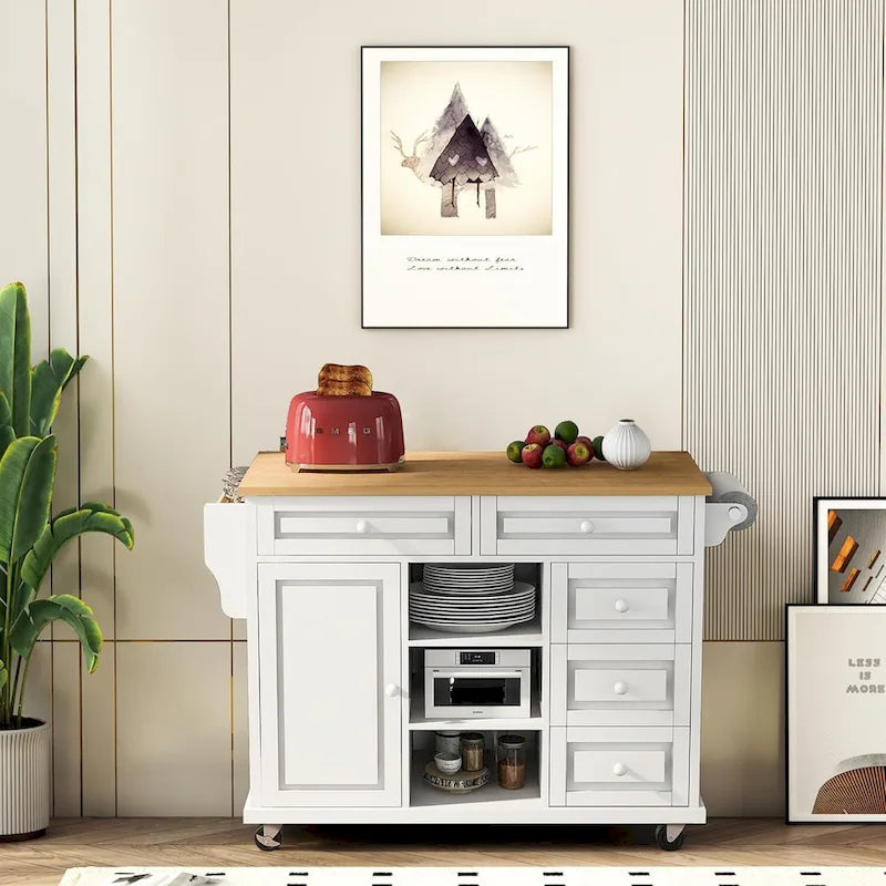Desserte de cuisine avec plateau en bois d'hévéa – Îlot de cuisine mobile roulant avec rangement et 5 tiroirs, longueur 135 cm