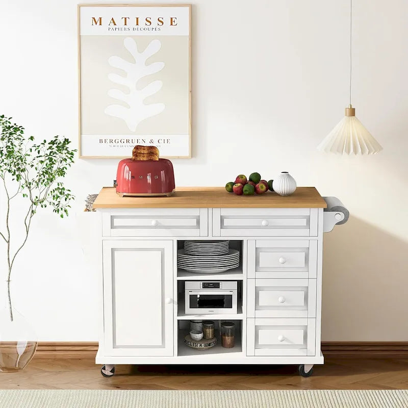 Desserte de cuisine avec plateau en bois d'hévéa – Îlot de cuisine mobile roulant avec rangement et 5 tiroirs, longueur 135 cm