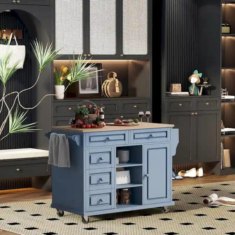 Desserte de cuisine avec plateau en bois d'hévéa – Îlot de cuisine mobile roulant avec rangement et 5 tiroirs, longueur 135 cm