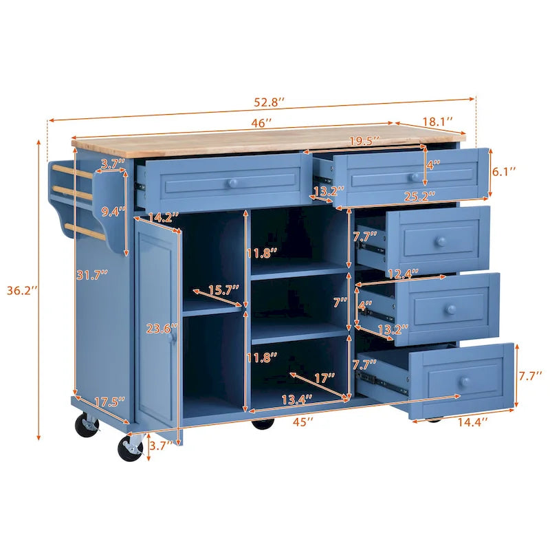 Desserte de cuisine avec plateau en bois d'hévéa – Îlot de cuisine mobile roulant avec rangement et 5 tiroirs, longueur 135 cm