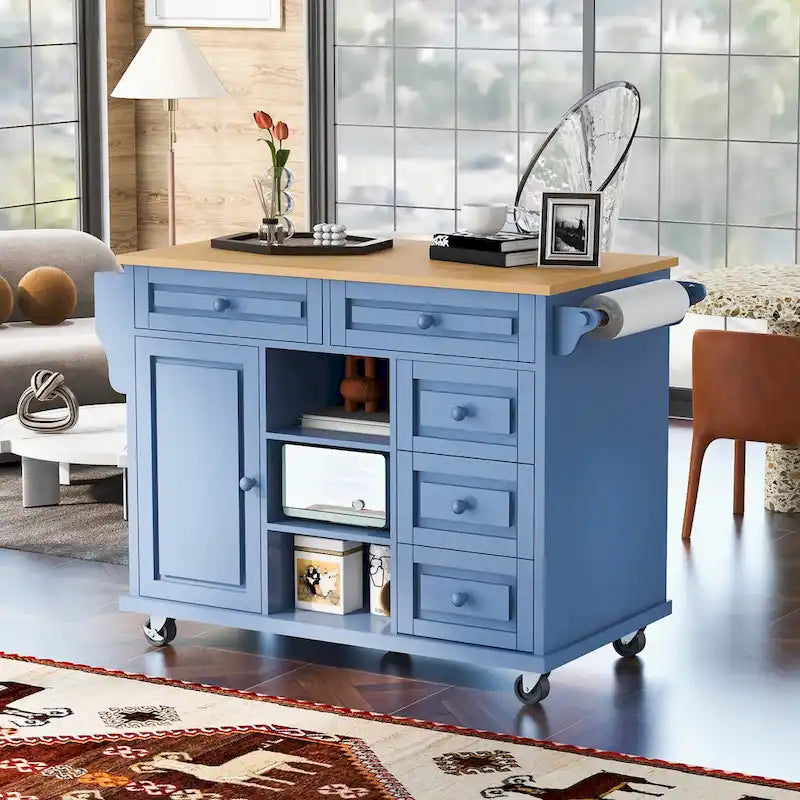 Desserte de cuisine avec plateau en bois d'hévéa – Îlot de cuisine mobile roulant avec rangement et 5 tiroirs, longueur 135 cm