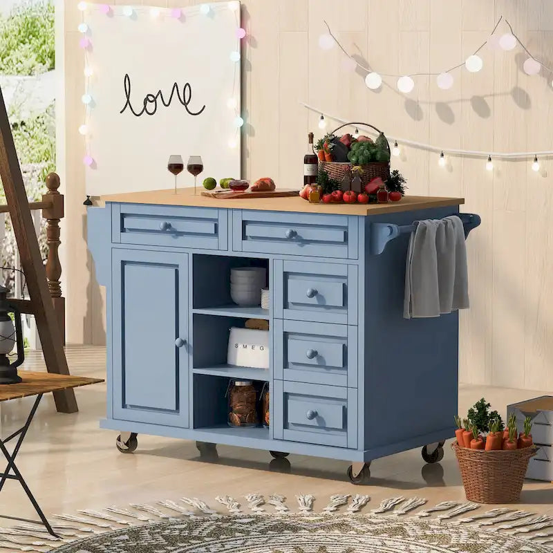 Desserte de cuisine avec plateau en bois d'hévéa – Îlot de cuisine mobile roulant avec rangement et 5 tiroirs, longueur 135 cm