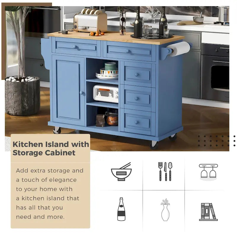 Desserte de cuisine avec plateau en bois d'hévéa – Îlot de cuisine mobile roulant avec rangement et 5 tiroirs, longueur 135 cm