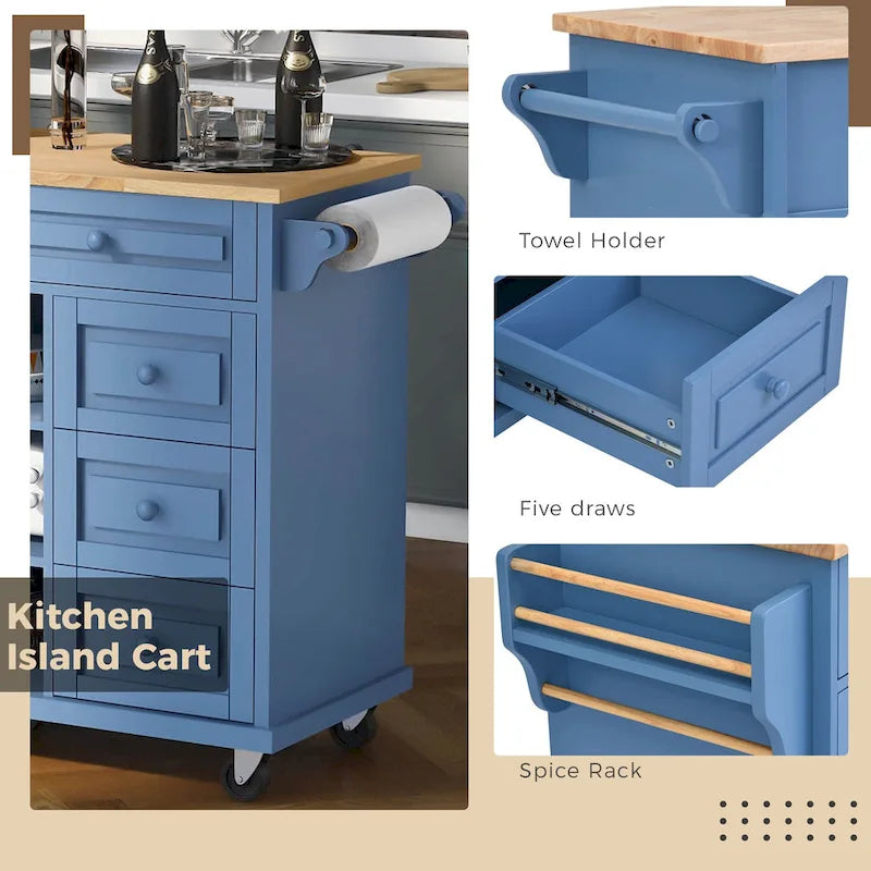 Desserte de cuisine avec plateau en bois d'hévéa – Îlot de cuisine mobile roulant avec rangement et 5 tiroirs, longueur 135 cm