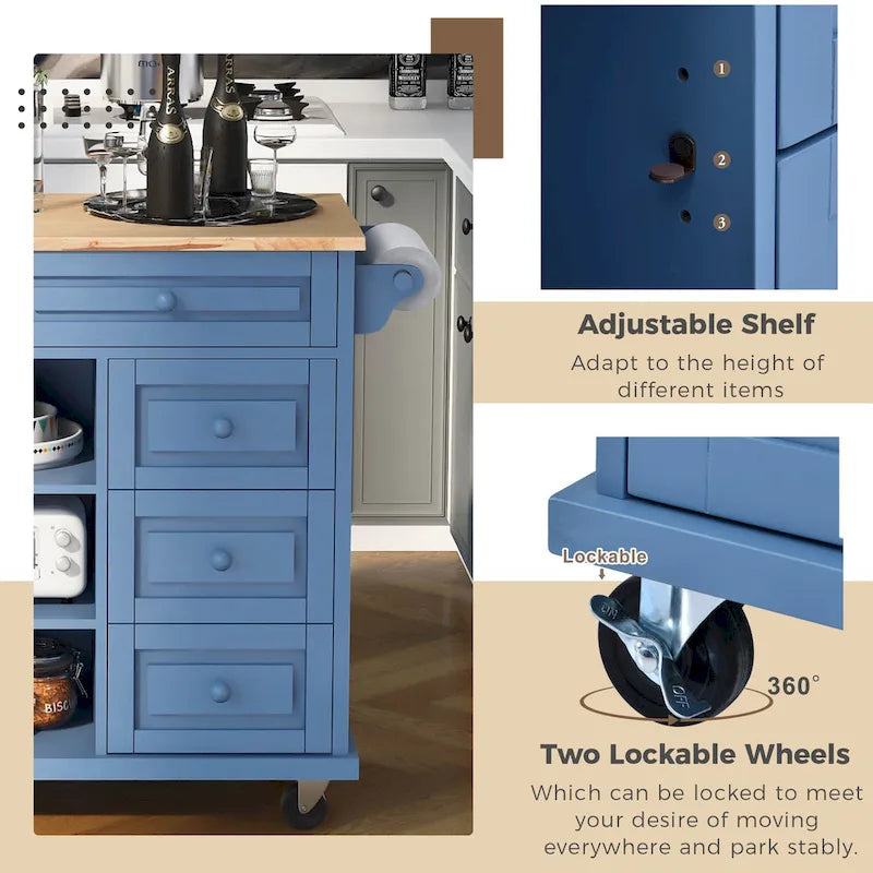 Desserte de cuisine avec plateau en bois d'hévéa – Îlot de cuisine mobile roulant avec rangement et 5 tiroirs, longueur 135 cm