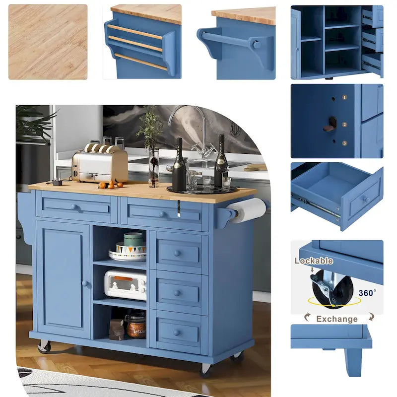 Desserte de cuisine avec plateau en bois d'hévéa – Îlot de cuisine mobile roulant avec rangement et 5 tiroirs, longueur 135 cm