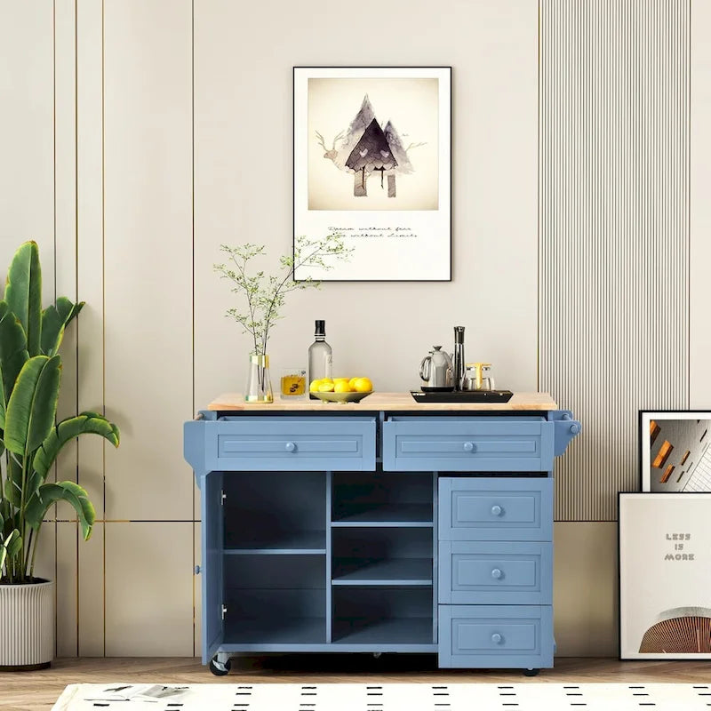 Desserte de cuisine avec plateau en bois d'hévéa – Îlot de cuisine mobile roulant avec rangement et 5 tiroirs, longueur 135 cm