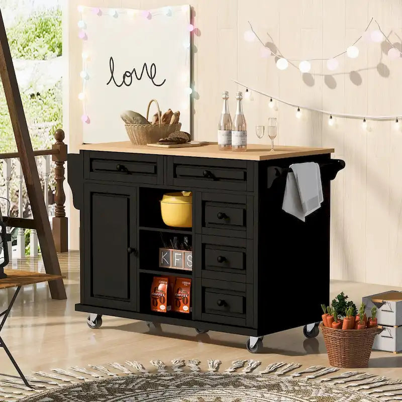 Desserte de cuisine avec plateau en bois d'hévéa – Îlot de cuisine mobile roulant avec rangement et 5 tiroirs, longueur 135 cm